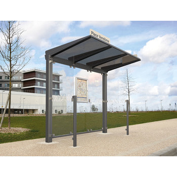 Buswartehalle - Unterstand - ESG - 2 Seitenverkleidungen - Fahrplankasten - Haltestellenschild - LED - 2.390 x 2.500 x 1.500 mm (HxBxT) - grau Grau