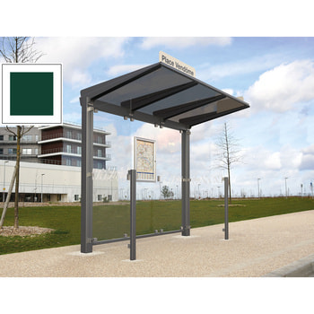 Buswartehalle - Unterstand - ESG - 2 Seitenverkleidungen - Fahrplankasten - Haltestellenschild - LED - 2.390 x 2.500 x 1.500 mm (HxBxT) - moosgrün RAL 6005 Moosgrün