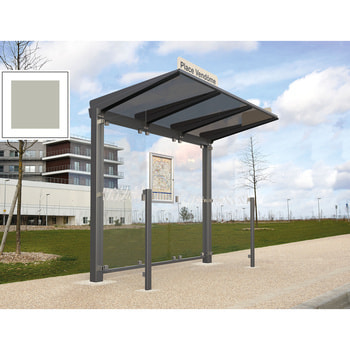 Buswartehalle - Unterstand - ESG - 2 Seitenverkleidungen - Fahrplankasten - Haltestellenschild - LED - 2.390 x 2.500 x 1.500 mm (HxBxT) - Seidengrau RAL 7044 Seidengrau