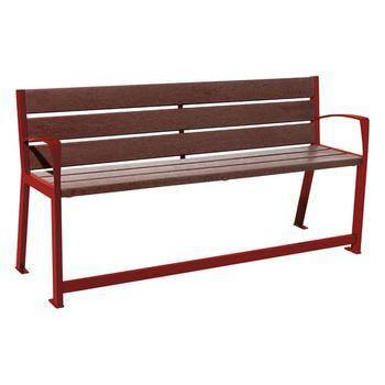 Senioren Sitzbank Recycling Kunststoff mit Stahlstreben - mit Armlehnen und Fußstütze - 921 x 1.800 mm (HxB) - 6 Sitzleisten - Farbe purpurrot RAL 3004 Purpurrot