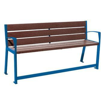 Senioren Sitzbank Recycling Kunststoff mit Stahlstreben - mit Armlehnen und Fußstütze - 921 x 1.800 mm (HxB) - 6 Sitzleisten - Farbe enzianblau RAL 5010 Enzianblau