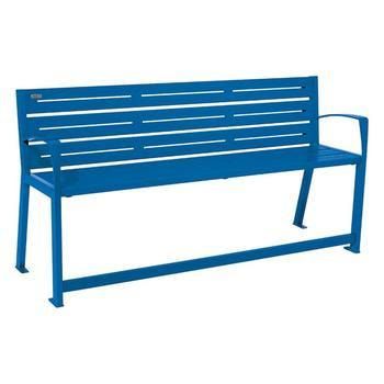 Senioren Sitzbank Stahl - mit Armlehnen und Fußstütze - 921 x 1.800 mm (HxB) - 6 Sitzleisten - Farbe enzianblau RAL 5010 Enzianblau