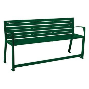 Senioren Sitzbank Stahl - mit Armlehnen und Fußstütze - 921 x 1.800 mm (HxB) - 6 Sitzleisten - Farbe moosgrün RAL 6005 Moosgrün