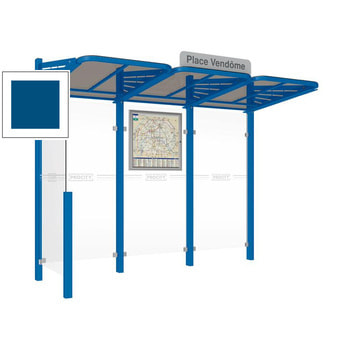 Abbildung zeigt Wartehalle mit 1 Seitenverkleidung links in der Farbe Enzianblau.