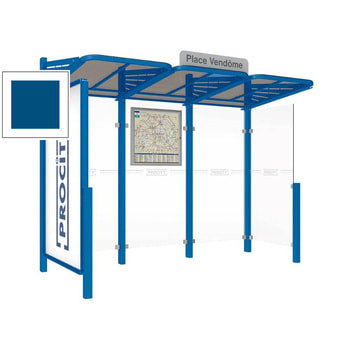 Abbildung zeigt Wartehalle mit Seitenverkleidung rechts und Schaukasten links in der Farbe Enzianblau.