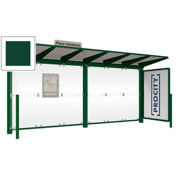 Abbildung zeigt Wartehalle in 5.000 mm Breite mit Seitenverkleidung links und Schaukasten rechts in der Farbe Moosgrün.