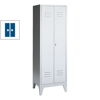 Doppel-Spindschrank, Doppeltür, Garderobenschrank mit Füßen, 2 Abteile a 300 mm, Korpus Pastellgelb, Tür enzianblau, 1.850 x 610 x 500 mm (HxBxT) RAL 5010 Enzianblau