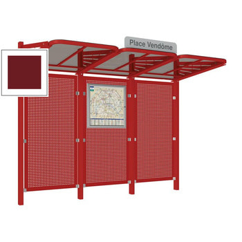 Abbildung zeigt Buswartehalle ohne Seitenverkleidungen mit Stahlblech Rückwand in der Farbe Purpurrot.