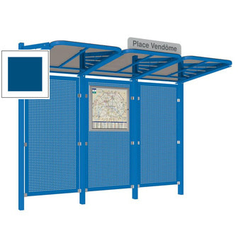 Abbildung zeigt Buswartehalle ohne Seitenverkleidungen mit Stahlblech Rückwand in der Farbe Enzianblau.