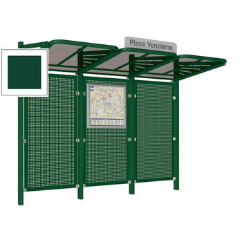 Abbildung zeigt Buswartehalle ohne Seitenverkleidungen mit Stahlblech Rückwand in der Farbe Moosgrün.