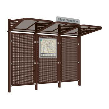 Abbildung zeigt Buswartehalle ohne Seitenverkleidungen mit Stahlblech Rückwand in der Farbe Schokoladenbraun.