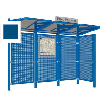 Abbildung zeigt Wartehalle mit rechtsseitiger Seitenverkleidung aus Stahlblech in der Farbe Enzianblau.