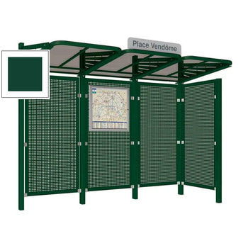 Buswartehalle - Unterstand - Stahlblech Verkleidung rechts - Fahrplankasten - Haltestellenschild - 2.200 x 3.000 x 1.500 mm (HxBxT) - moosgrün RAL 6005 Moosgrün