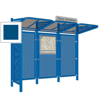 Abbildung zeigt Wartehalle mit linksseitiger Seitenverkleidung aus Stahlblech in der Farbe Enzianblau.