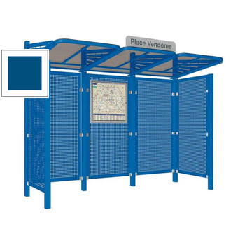 Abbildung zeigt Wartehalle mit 2 Seitenverkleidungen aus Stahlblech in der Farbe Enzianblau.
