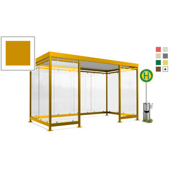 Fahrgastunterstand, Raucherunterstand, geschweißt, Aufdübeln, 12-13 Personen, 2.440 x 4.195 x 2.165 mm (HxBxT), 10 Wände, Honiggelb RAL 1005 Honiggelb