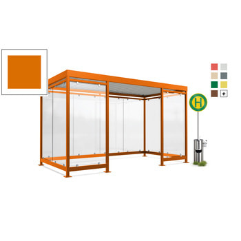 Fahrgastunterstand, Raucherunterstand, geschweißt, Aufdübeln, 12-13 Personen, 2.440 x 4.195 x 2.165 mm (HxBxT), 10 Wände, gelborange RAL 2000 Gelborange