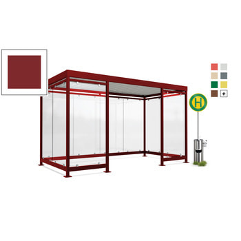 Fahrgastunterstand, Raucherunterstand, geschweißt, Aufdübeln, 12-13 Personen, 2.440 x 4.195 x 2.165 mm (HxBxT), 10 Wände, braunrot RAL 3011 Braunrot