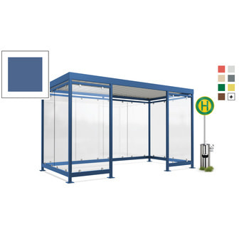 Fahrgastunterstand, Raucherunterstand, geschweißt, Aufdübeln, 12-13 Personen, 2.440 x 4.195 x 2.165 mm (HxBxT), 10 Wände, Fernblau RAL 5023 Fernblau