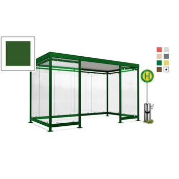 Fahrgastunterstand, Raucherunterstand, geschweißt, Aufdübeln, 12-13 Personen, 2.440 x 4.195 x 2.165 mm (HxBxT), 10 Wände, laubgrün RAL 6002 Laubgrün