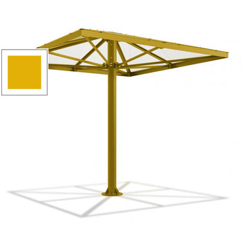 Viereckiger Stahlschirm mit Platz für bis zu 10 Personen, hier in der Farbe Goldgelb (RAL 1004)