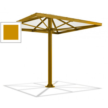 Viereckiger Stahlschirm mit Platz für bis zu 10 Personen, hier in der Farbe Honiggelb (RAL 1005)