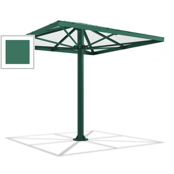 Viereckiger Stahlschirm mit Platz für bis zu 10 Personen, hier in der Farbe Patinagrün (RAL 6000)