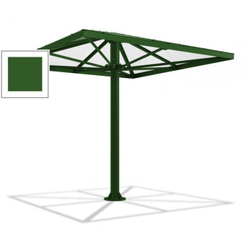 Viereckiger Stahlschirm mit Platz für bis zu 10 Personen, hier in der Farbe Laubgrün (RAL 6002)