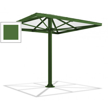 Viereckiger Stahlschirm mit Platz für bis zu 10 Personen, hier in der Farbe Grasgrün (RAL 6010)