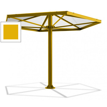 Sechseckiger Stahlschirm mit Platz für bis zu 7 Personen, hier in der Farbe Goldgelb (RAL 1004)