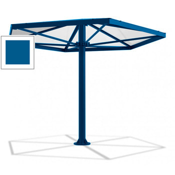 Sechseckiger Stahlschirm mit Platz für bis zu 7 Personen, hier in der Farbe Verkehrsblau (RAL 5017)