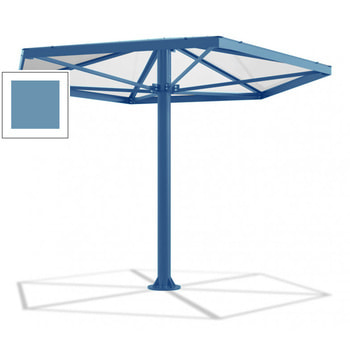Sechseckiger Stahlschirm mit Platz für bis zu 7 Personen, hier in der Farbe Pastellblau (RAL 5024)