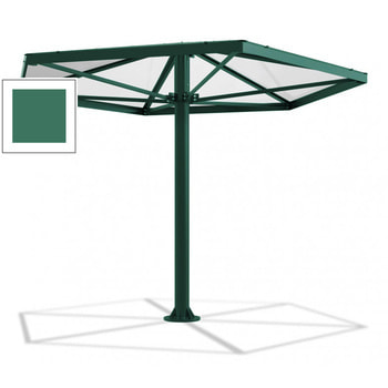 Sechseckiger Stahlschirm mit Platz für bis zu 7 Personen, hier in der Farbe Patinagrün (RAL 6000)