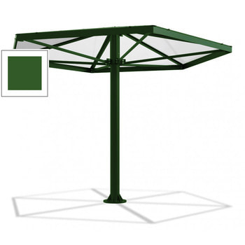 Sechseckiger Stahlschirm mit Platz für bis zu 7 Personen, hier in der Farbe Laubgrün (RAL 6002)