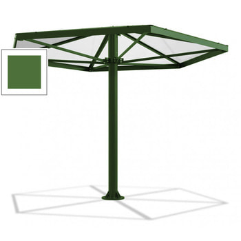 Sechseckiger Stahlschirm mit Platz für bis zu 7 Personen, hier in der Farbe Grasgrün (RAL 6010)