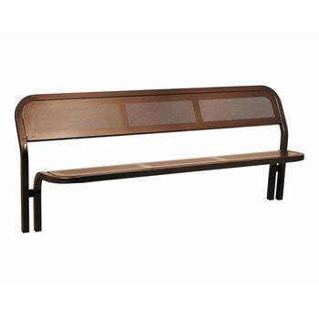 Sitzbank mit Rückenlehne, Flächen aus gelochtem Stahlblech, Farbe Schokoladenbraun (RAL 8017)