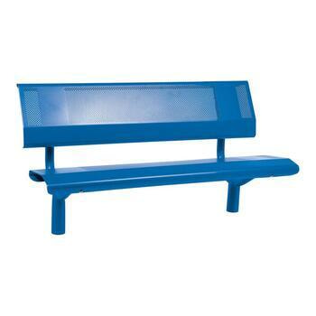 Sitzbank - mit Rückenlehne - gelochtes Blech - platzsparend - zum Einbetonieren - 860 x 1.500 x 650 mm (HxBxT) - Farbe enzianblau RAL 5010 Enzianblau