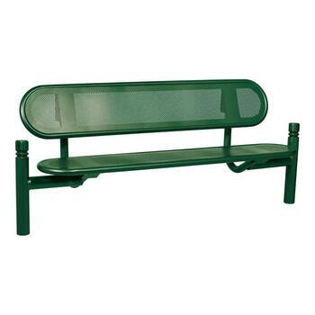 Stahlblech Sitzbank abgerundet - mit Rückenlehne - Pfosten mit Ringkopf - 860 x 1.800 x 568 mm HxBxT) - Farbe moosgrün RAL 6005 Moosgrün