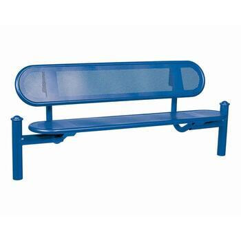 Stahlblech Sitzbank abgerundet - mit Rückenlehne - Pfosten mit Helmkopf - 860 x 1.800 x 568 mm HxBxT) - Farbe enzianblau RAL 5010 Enzianblau