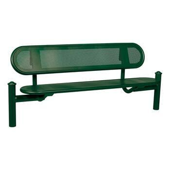 Stahlblech Sitzbank abgerundet - mit Rückenlehne - Pfosten mit Helmkopf - 860 x 1.800 x 568 mm HxBxT) - Farbe moosgrün RAL 6005 Moosgrün