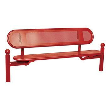 Stahlblech Sitzbank abgerundet - mit Rückenlehne - Pfosten mit Kugelkopf - 860 x 1.800 x 568 mm HxBxT) - Farbe purpurrot RAL 3004 Purpurrot
