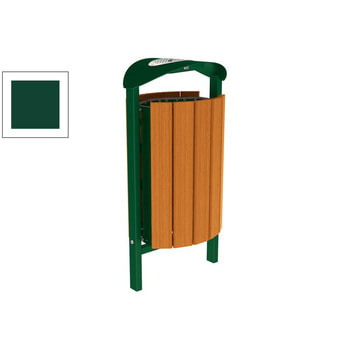 Mülleimer aus Stahl und Holz - Volumen 50 l - Dach mit Ascher - 953 x 502 x 344 mm (HxBxT) - Einbetonierung - Farbe moosgrün RAL 6005 Moosgrün