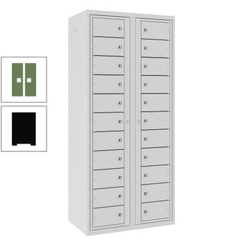 Wäscheverteilschrank, Wäscheschrank, Zylinderschloß, 22 Fächer, Zentralöffnung, 1.800 x 800 x 500 mm(HxBxT), Korpus tiefschwarz, Front resedagrün RAL 6011 Resedagrün | RAL 9005 Tiefschwarz