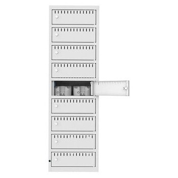 Akkuschrank, Batterieladeschrank, 9 Fächer, Überstromsicherung IP21, 1.325 x 400 x 550 mm (HxBxT), Korpusfarbe enzianblau, Frontfarbe lichtblau RAL 5012 Lichtblau | RAL 5010 Enzianblau