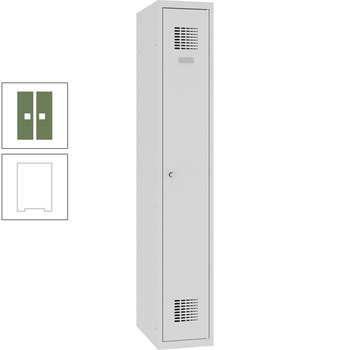 Garderobenschrank, Spind, Umkleide, Spiegel, Haken, Sockel, 1 Abteil, 1.800 x 300 x 500 mm (HxBxT), Korpusfarbe reinweiß, Frontfarbe resedagrün RAL 6011 Resedagrün | RAL 9010 Reinweiß