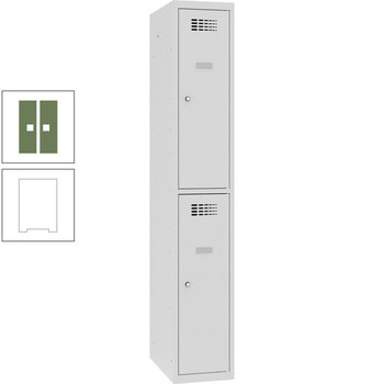 Garderobenschrank, Spind, 1 Abteil, 2 Fächer, Kleiderstange, Spiegel, 1.800 x 300 x 500 mm (HxBxT), Korpusfarbe reinweiß, Frontfarbe resedagrün RAL 6011 Resedagrün | RAL 9010 Reinweiß