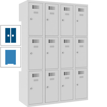 Garderobenschrank, Spind, 4 Abteile, 12 Fächer, Etikettrahmen,1.800 x 1.200 x 500 mm (HxBxT), Korpusfarbe lichtblau, Frontfarbe enzianblau RAL 5010 Enzianblau | RAL 5012 Lichtblau