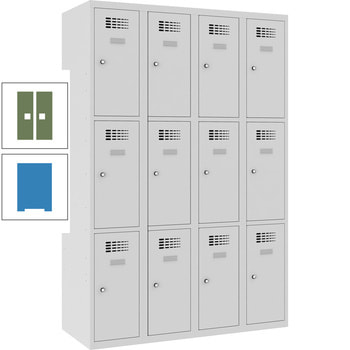 Garderobenschrank, Spind, 4 Abteile, 12 Fächer, Etikettrahmen,1.800 x 1.200 x 500 mm (HxBxT), Korpusfarbe lichtblau, Frontfarbe resedagrün RAL 6011 Resedagrün | RAL 5012 Lichtblau