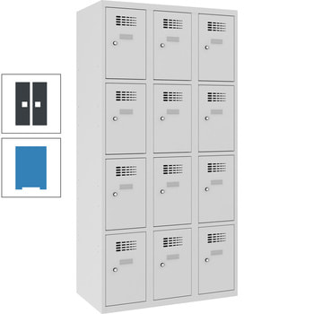 Garderobenschrank, Spind,1.800 x 900 x 500 mm (HxBxT), 3 Abteile, 12 Fächer gesamt, Etikettrahmen, Korpusfarbe lichtblau, Frontfarbe anthrazitgrau RAL 7016 Anthrazitgrau | RAL 5012 Lichtblau