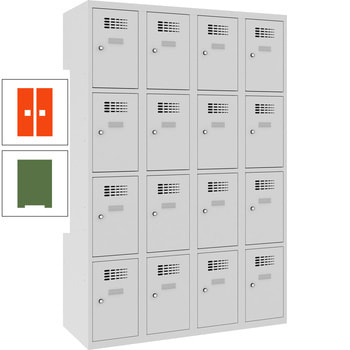 Garderobenschrank, Spind, 4 Abteile, 16 Fächer, Etikettrahmen, 1.800 x 1.200 x 500 mm (HxBxT), Korpusfarbe resedagrün, Frontfarbe reinorange RAL 2004 Reinorange | RAL 6011 Resedagrün